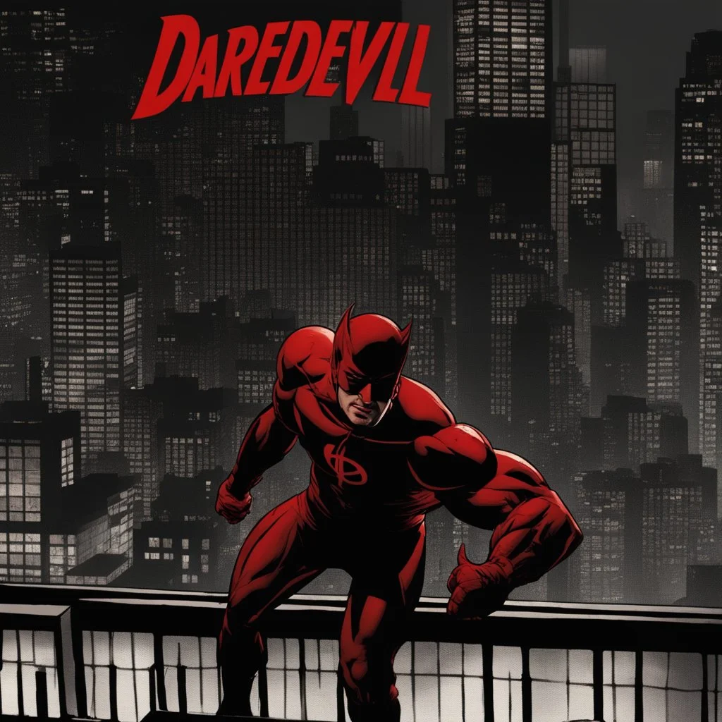 Compose a gripping and atmospheric narrative for a dark and intense Daredevil storyline. Explore the psychological struggles and moral dilemmas faced by the vigilante hero as he navigates the gritty underworld of crime in Hell's Kitchen. Develop a compelling plot that involves complex characters, unforeseen twists, and high-stakes conflicts. Dive deep into Daredevil's internal conflicts, pushing the boundaries of his resilience and determination. Infuse the storyline with a noir aesthetic, empha