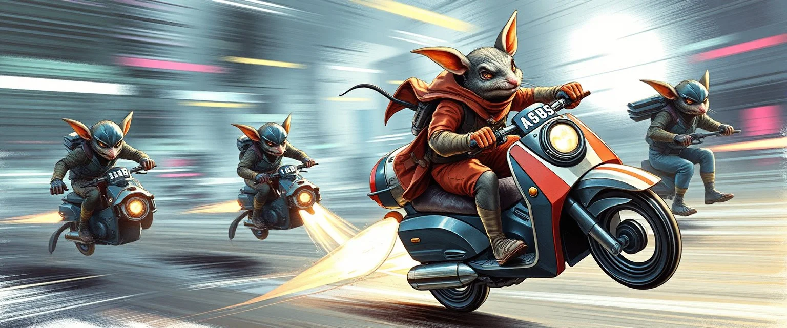 hi speed rocket ship on leaning scooter in a swing, coated rat gremlin captain in high speed pursuit among neon spy vs spy rat cyber soldiers, with background motion blur, airbrush and pen outline