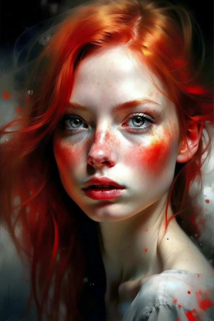 prompt: An image of a red-haired beautiful girl in the style of Mike Worrall, Stefan Gesell, Anton Semenov, Arthur Boyd, Gerald Scarfe, Wlad Safronow, Yves Tanguy and Christine Ellger. Style airbrush art with very soft muted colours and a hazy atmosphere. Bold oil paintings with thick brushstrokes and spots --ar 16:9