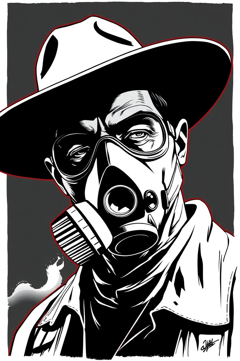 western styles man with wide flat brim hat shading face, wearing a gas-mask, vignette, black and white graphic novel style with a red outline on black background, gothic body horror