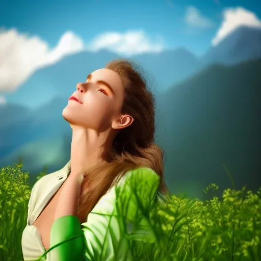 gorgeous young Swiss girl standing in green field, mountain, sun, wearing blue shirt over, open arms, realistic eyes, unreal engine, photograph, realistic skin texture, photorealistic, hyper realism, highly detailed, 85mm portrait photography