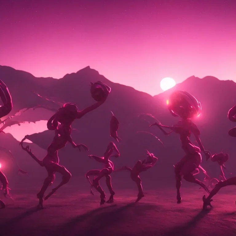 DANCING ALIENS, cinematic lighting, 4k, 8k, octane render, digital concept art, ambient lighting, PINK, MOUNTAINS SUNSET