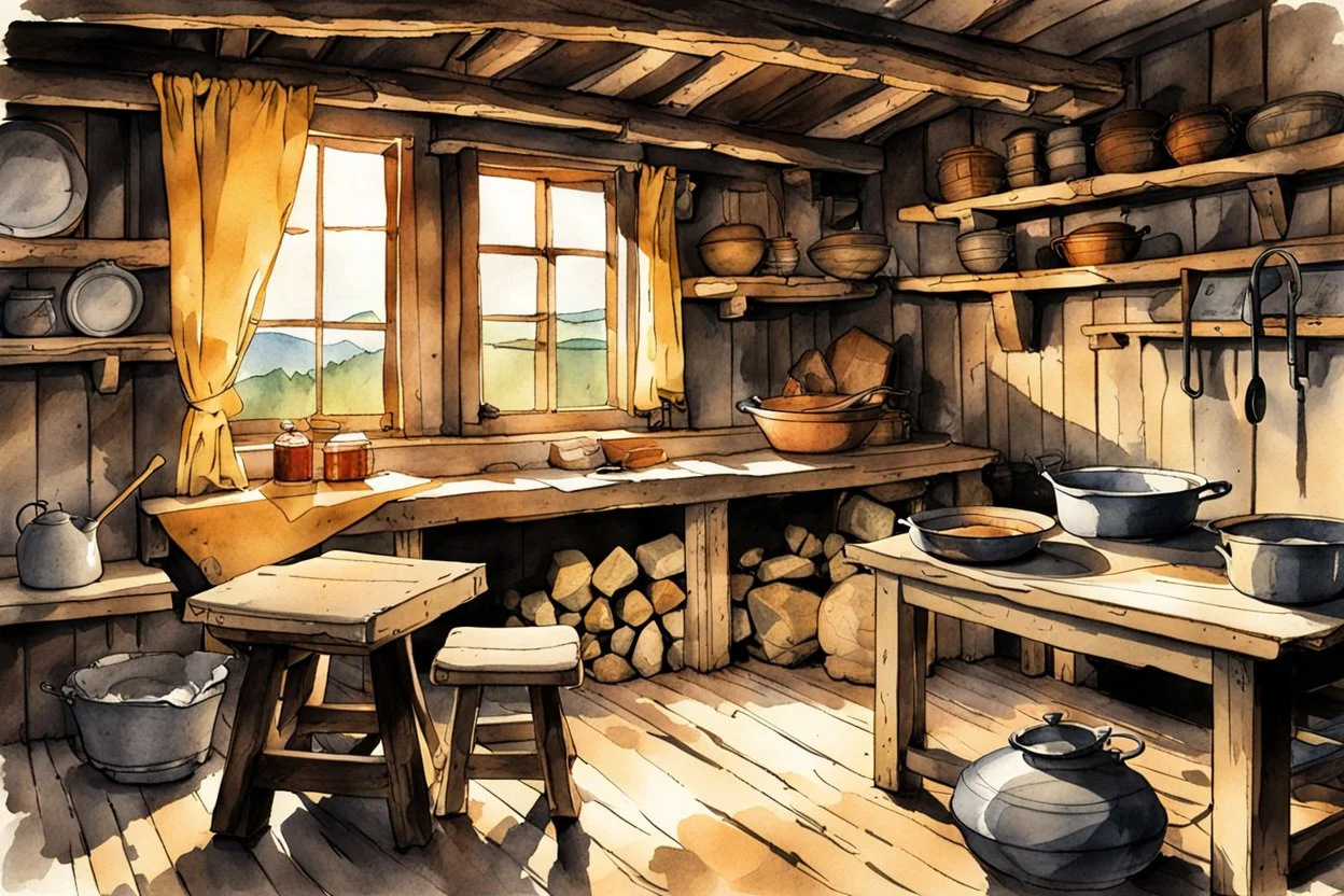 ink wash and watercolor illustration of the interior of an early 18th century rough hewn New England cabin, with a field stone hearth , rustic furniture and kitchen utensils in the comic book style of Bill Sienkiewicz and Jean Giraud Moebius , sharp focus, natural light and shadow, rich earth tone colors