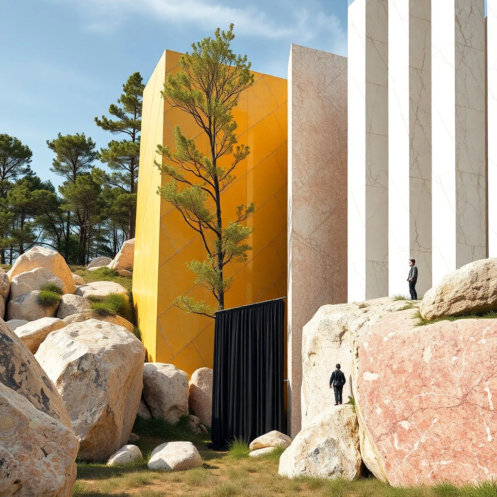 Un'immagine di un paesaggio naturale con marmi gialli e rossi pastello imponenti accanto a strutture artificiali verticali e alberi. Queste strutture sembrano blocchi rettangolari riflettenti, come colonne di vetro, che creano un contrasto tra il naturale e l'artificiale. Gabbia brutalista si erge solitaria. Persona osserva. bianco con venature e solchi. Tenda nera scende a terra. La scena trasmette un senso di sospensione e dialogo tra elementi organici. Dettagli delle rocce molto accentuati