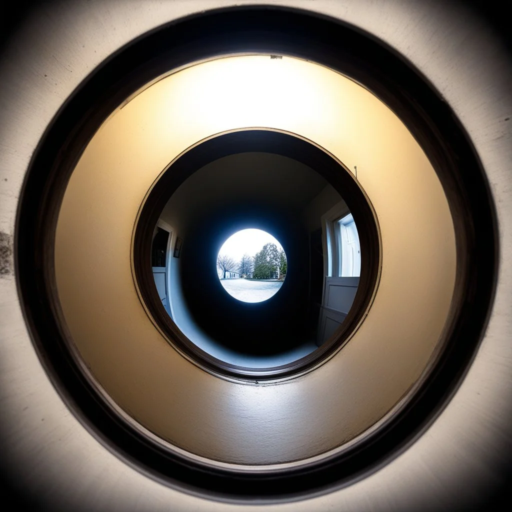 a demon knocks at the door [A scene viewed through a door peephole, circular fisheye lens distortion, soft dark vignette around edges, slightly warped perspective, as if looking through a small aperture]