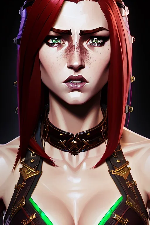 hyper realist, hyper detailed, stunningly beautiful teen woman, long ginger hair, green eyes, medium freckles, full lips, skimpy fantasy intricate leather armour, full body and head, c-cup breasts, aroused expression, full frame, petite, centered camera