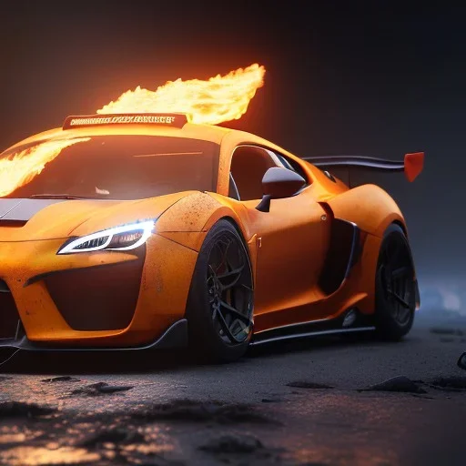 photo of a ultra realistic,set in fire modified sport car, cinematic lighting, battered, low angle, trending on artstation, 4k, hyper realistic, focused, extreme details, unreal engine 5, cinematic, masterpiece