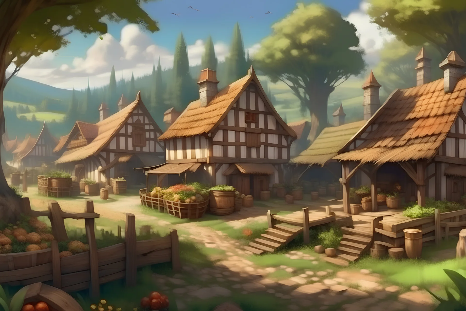 Vector. Illustration. realistic, Digital painting. market garden with wood workshop. tavern and woodland in background. market in background. village in background