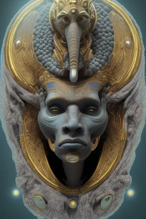 Aztec male African Egyptian alien, cracks in the voodoo head, wicked, eyes, crown, Elephant, 8k, finely detailed, photo realistic, tiger turquoise skull head gold dragon space alien snow skeleton gold hornytoad silver crown silver eyes