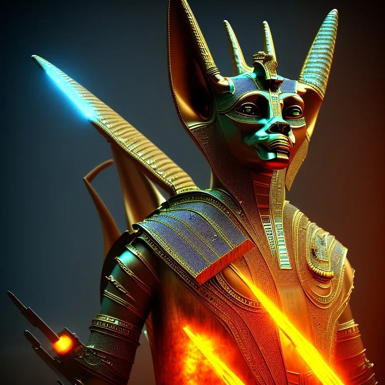 A portrait post-apocalypse of Jackal Egyptian God Anubis ,in a sin city pyramid, sci-fi fantasy style, volumetric lighting, particales,highly detailed,cinamatic,8k,3D,fire and black deep colours,ignore NSFW.