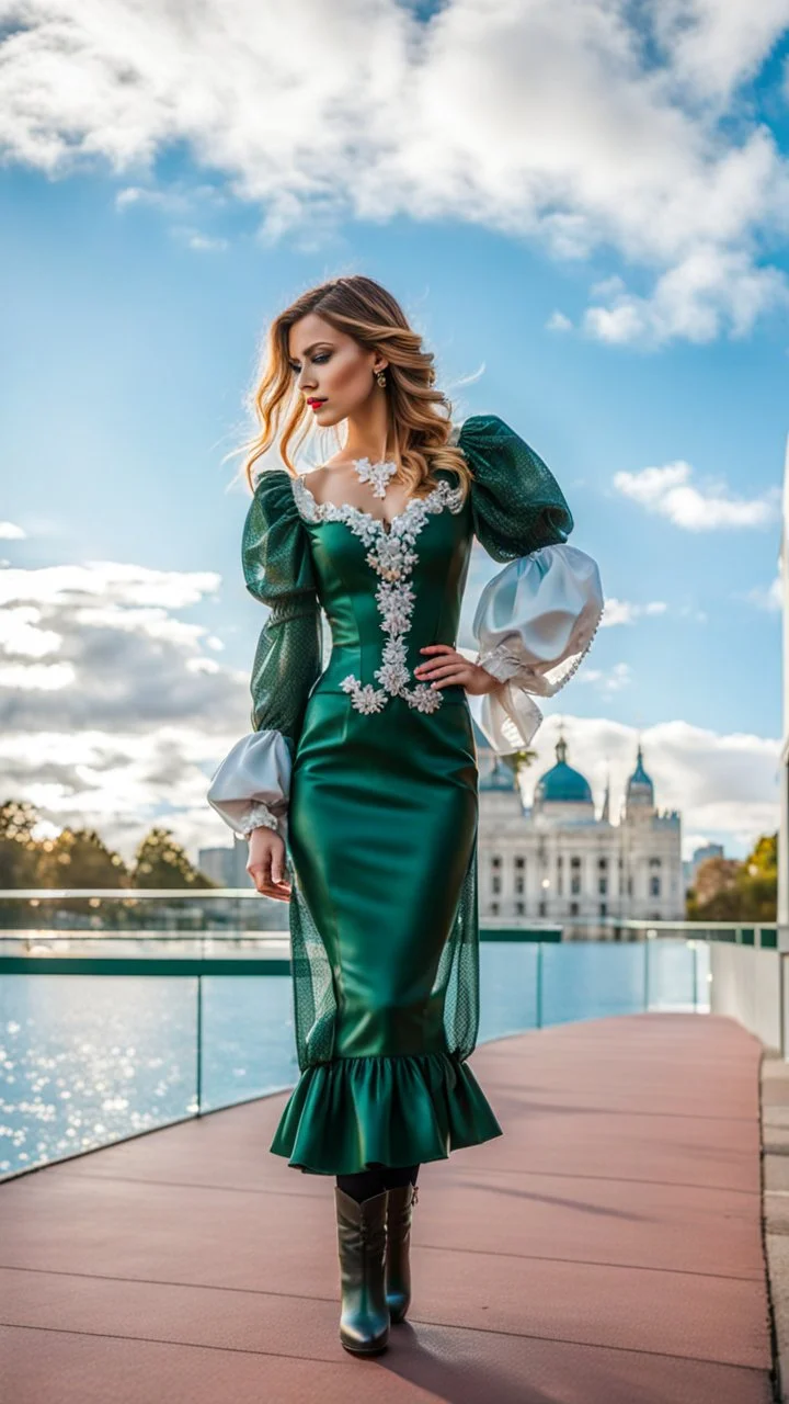 fullbody shot of girl makeup wearing a dark green-silver victorian blouse skirt with pretty boots walking in moder city of 2040 park ,flowers ,pretty clouds in blue sky,city escape.