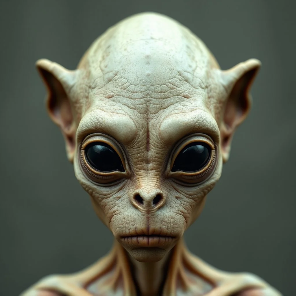 Organic with a biological mad skin texture of an alien face an animal look without nose and big black eyes and no ears