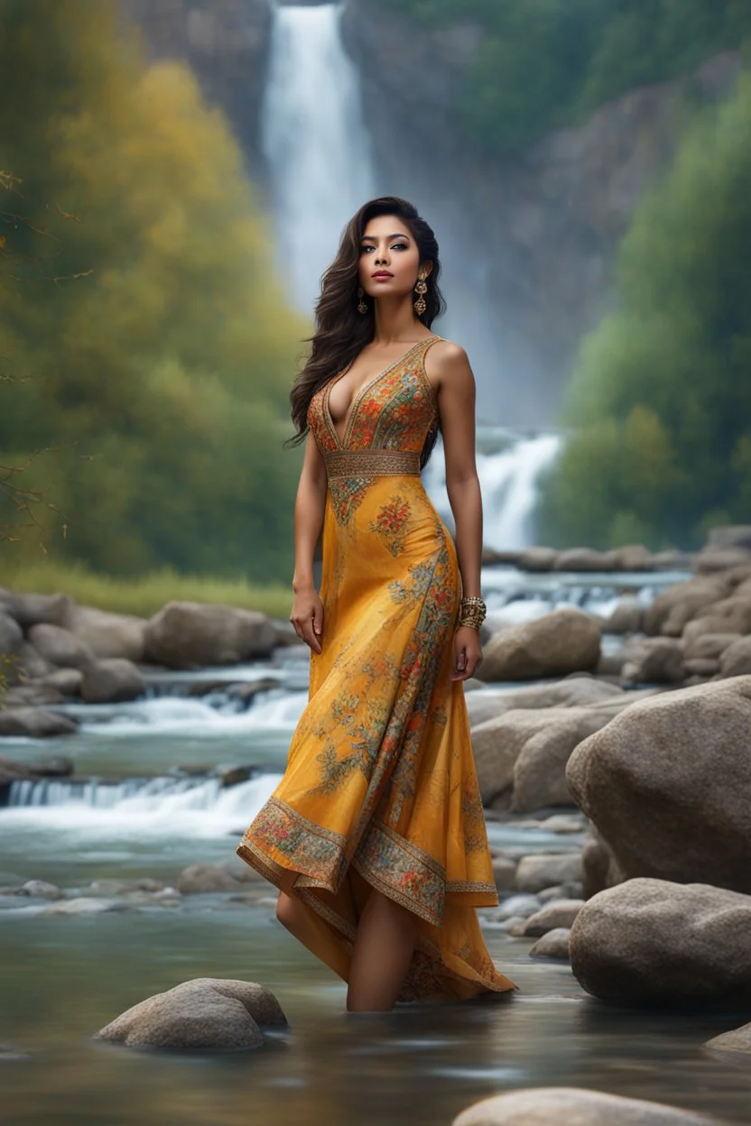 full shot body photo of the most beautiful artwork in the world featuring model, happy mood, High Detail, dramatic, photo realistic, ultra sharp, ultra hd, hyper realistic, ultra realistic, ((((dress)))), trending on artstation, sharp focus, studio photo, intricate details, highly detailed, standing in nice pose in country side with river ,water fall ,rocky valley,mountains at background, pretty clouds