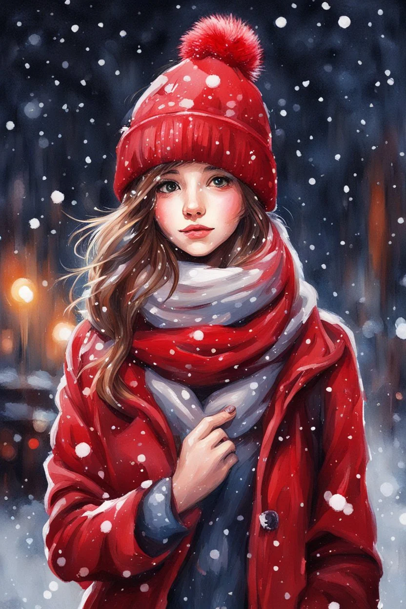 Painting of a cute girl in a red hat and scarf, pretty face, snowfall in the background, bright night