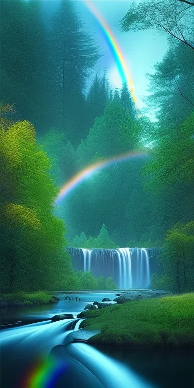 River up and down, rainbow, waterfall, forest, moon, mist