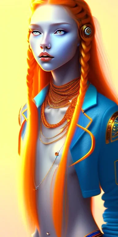 human kingfisher girl with long blue hair and orange strand of hair wearing a blue winter coat and a gold necklace