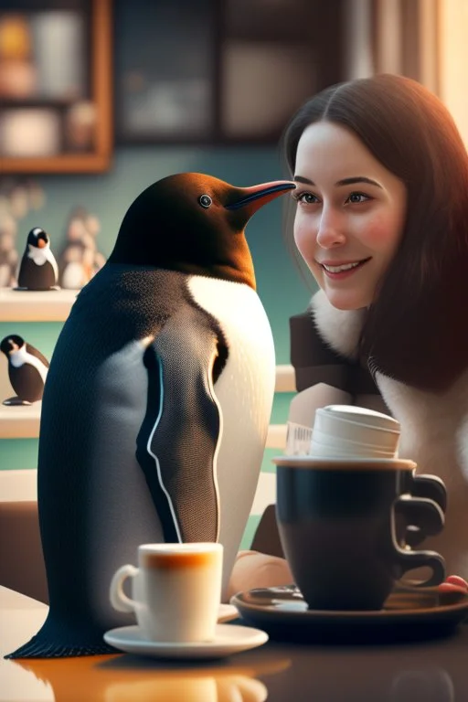 young woman talk to a penguin in coffee-shop