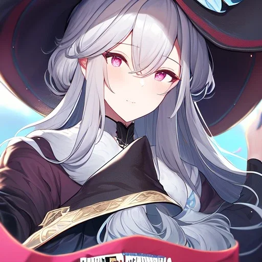Clear focus,High resolution, grey long fluffy hair, long fluffy bangs, pink eyes, wearing a witch outfit, extreme close up, front hair cover eyes, holding hat, looking up