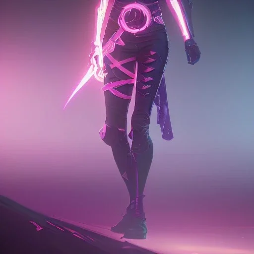 female synthwave ninja with a creepy stare, exposed belly, weilding dual swords