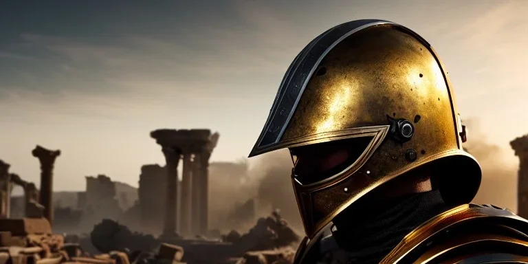 apocalypse, chaotic, magnificent, realistic, colorful, massive, epic, ray tracing, cinematic, 8k, HD, Ultra High Definition, photo film, film grain, hyper-detailed, old tarnished ornate rusty Hyper detailed Gold Medieval Knight helmet with glass visor covering face and matching suit of armor, background with colorful destroyed ancient ruins