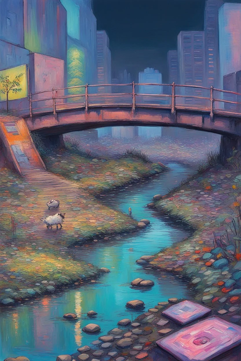 painting of a cyberpunk colourful natural walkway rubbish on the street in the city with pollution and a small bridge by a creek with electric sheep and androids by monet