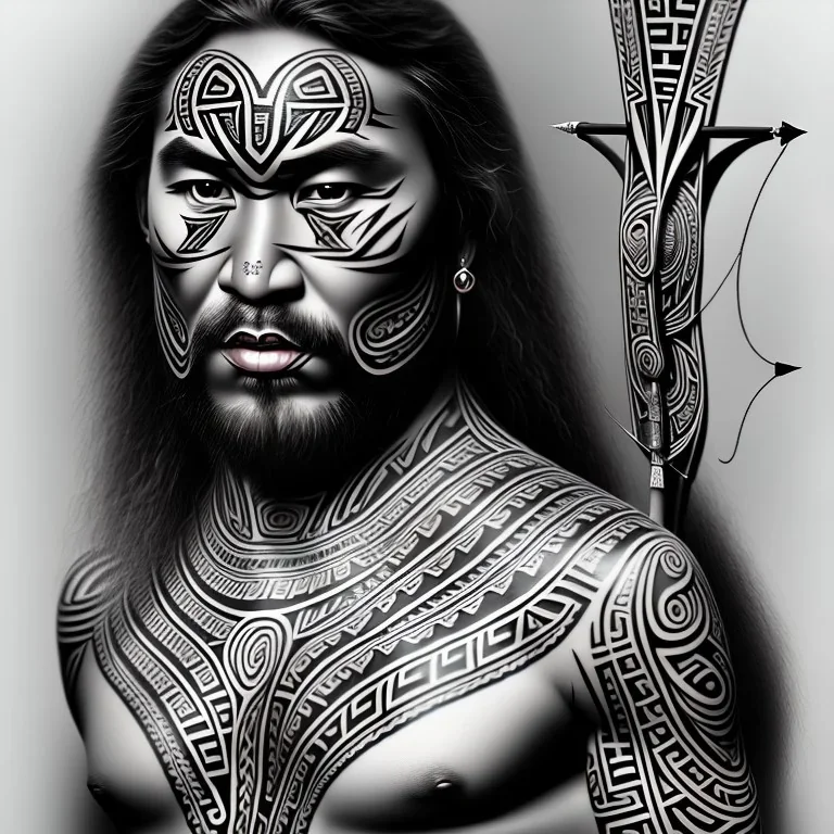 Portrait Chef Maori, tatouages tribaux maoris, arc à flèches