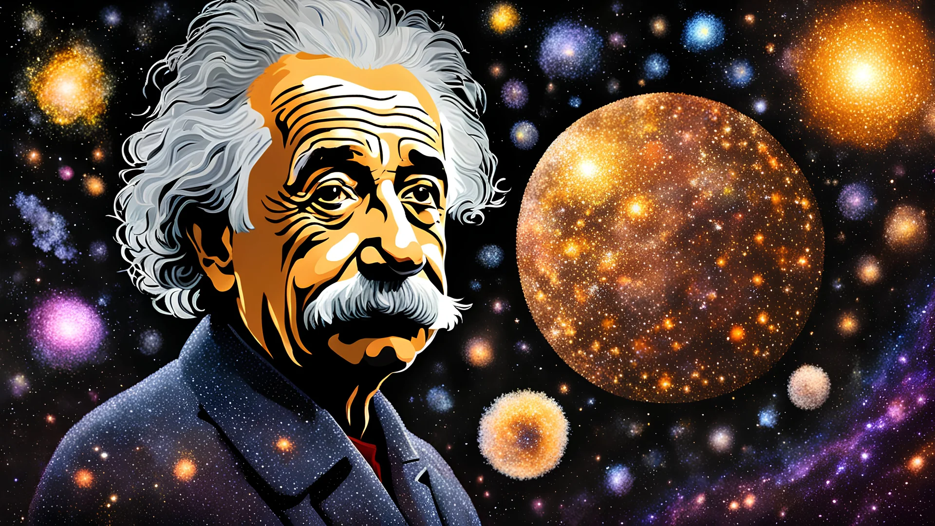 "the art of pointillism, Pareidolia, face painted stars and galaxies of Albert Einstein, 8k resolution, photorealistic dynamic lighting hyperdetailed intricate ominous expressionism impressionism futurism, aesthetically beautifully, all his face made of stars and galaxies, 8k resolution, 250 megapixels "