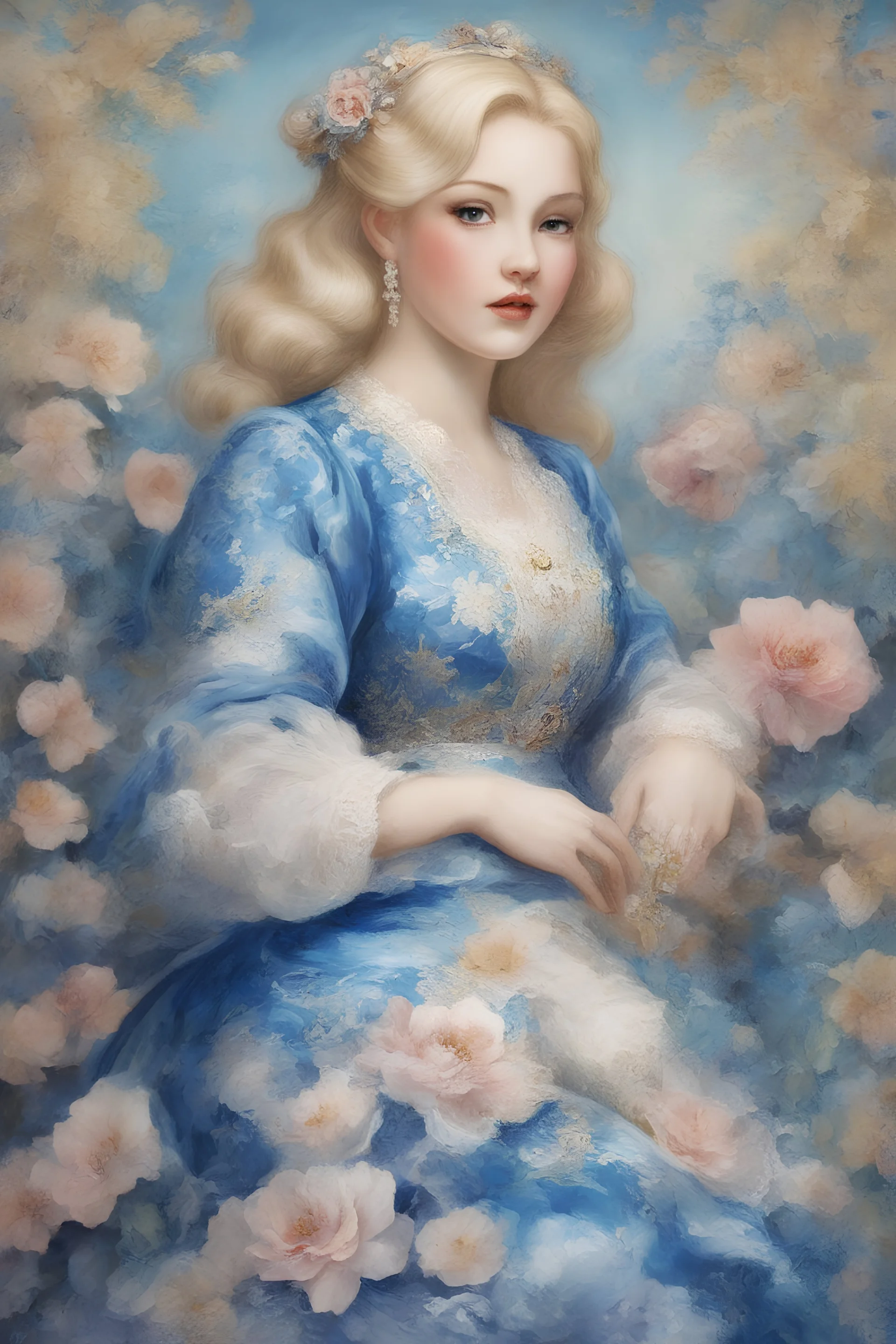 blue, large, woman, blonde, floral designs, atmospheric, beautiful, China Doll, Lap dog, in the art style of Harry the Hippo