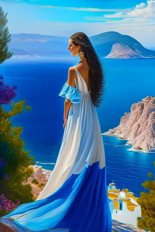 A tall, slender and very beautiful girl who looks at me. Her dress is of amazing colors, from blue to white.in the background is the Greek island of Samos.