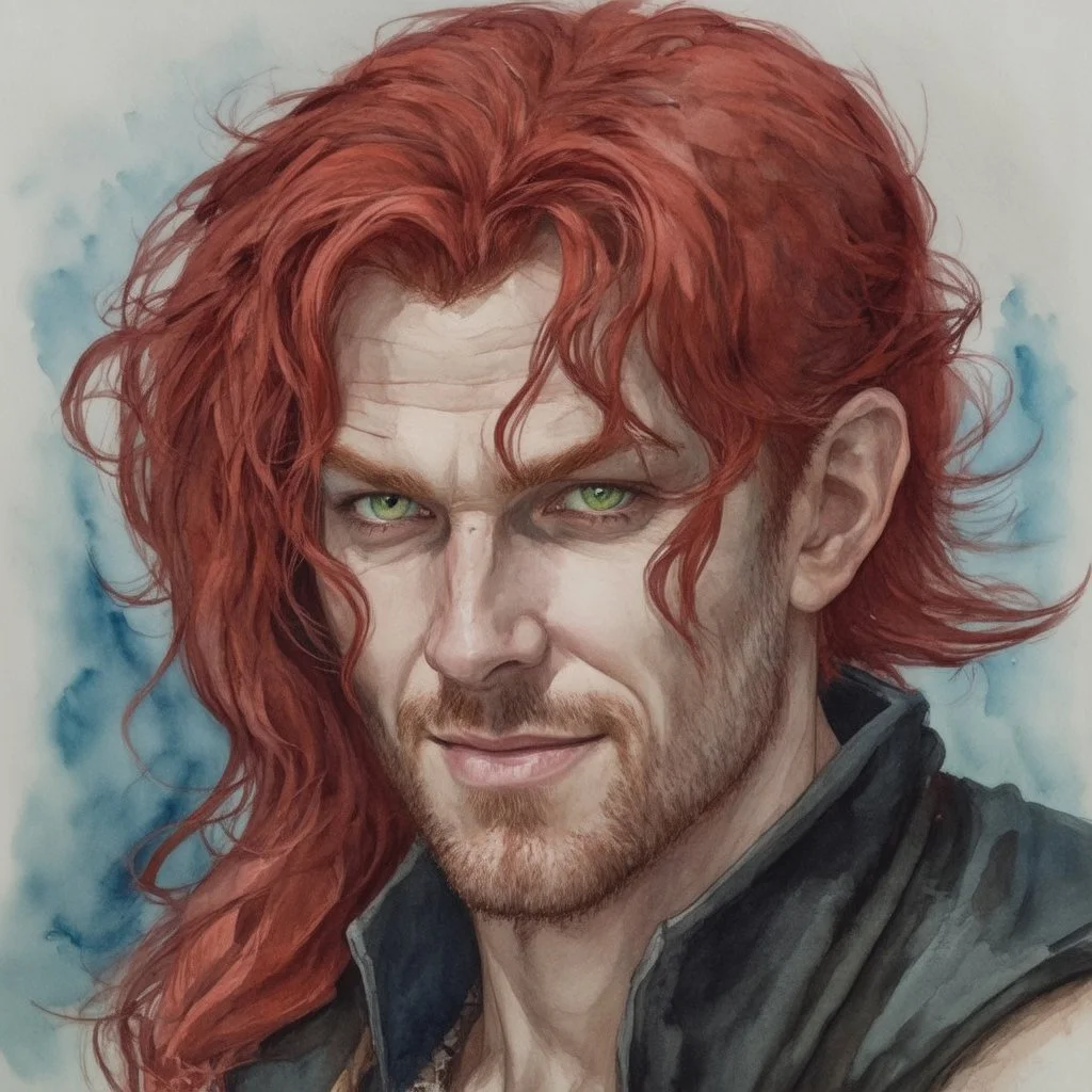 dnd, fantasy, watercolour, portrait, illustration, prerafaelite, male, face, green eyes, determined, happy, red hair, very long hair, radiating light, five o'clock shadow