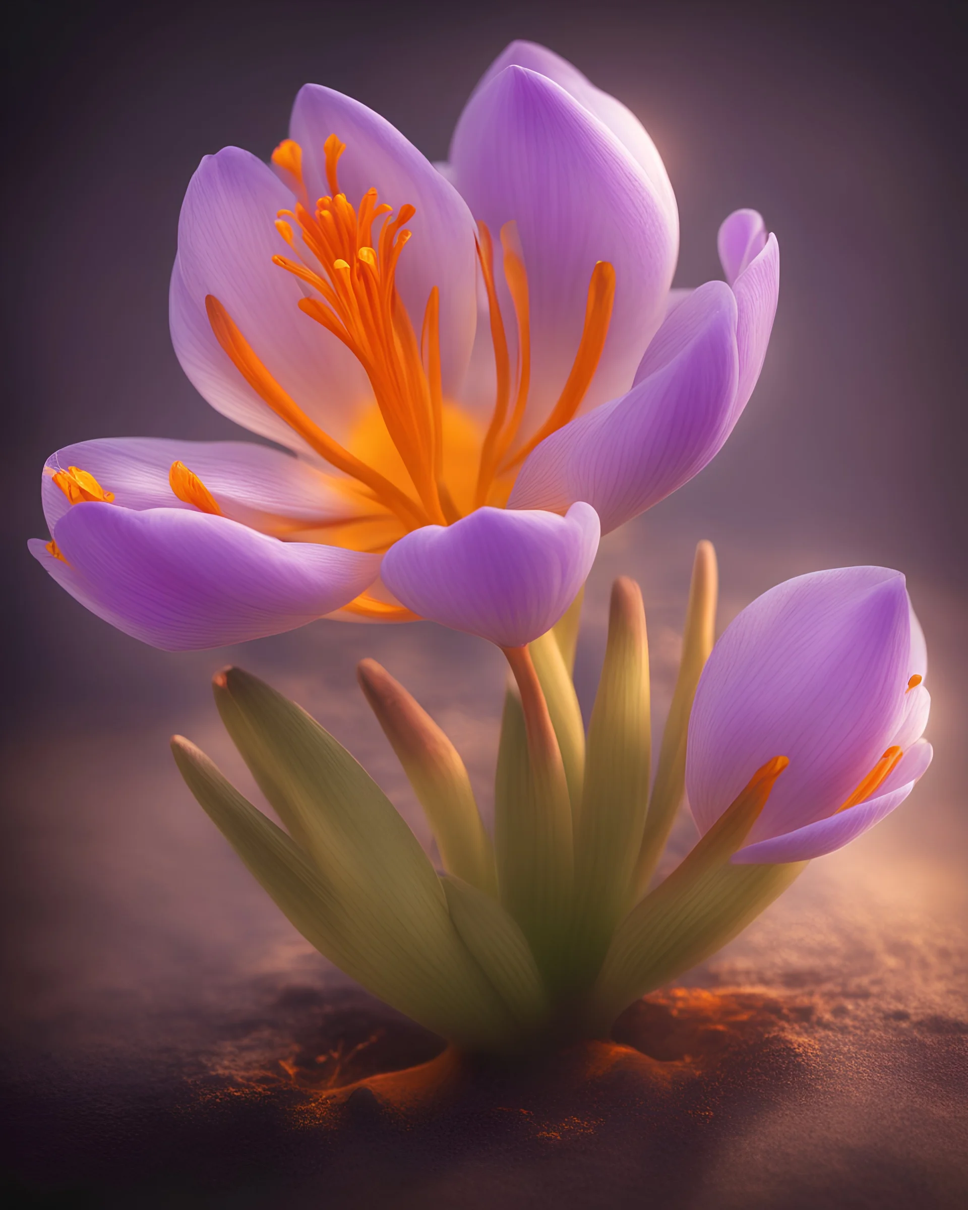 saffron crocus. Photography. Realistic photo. HD. Glowing. 3d style