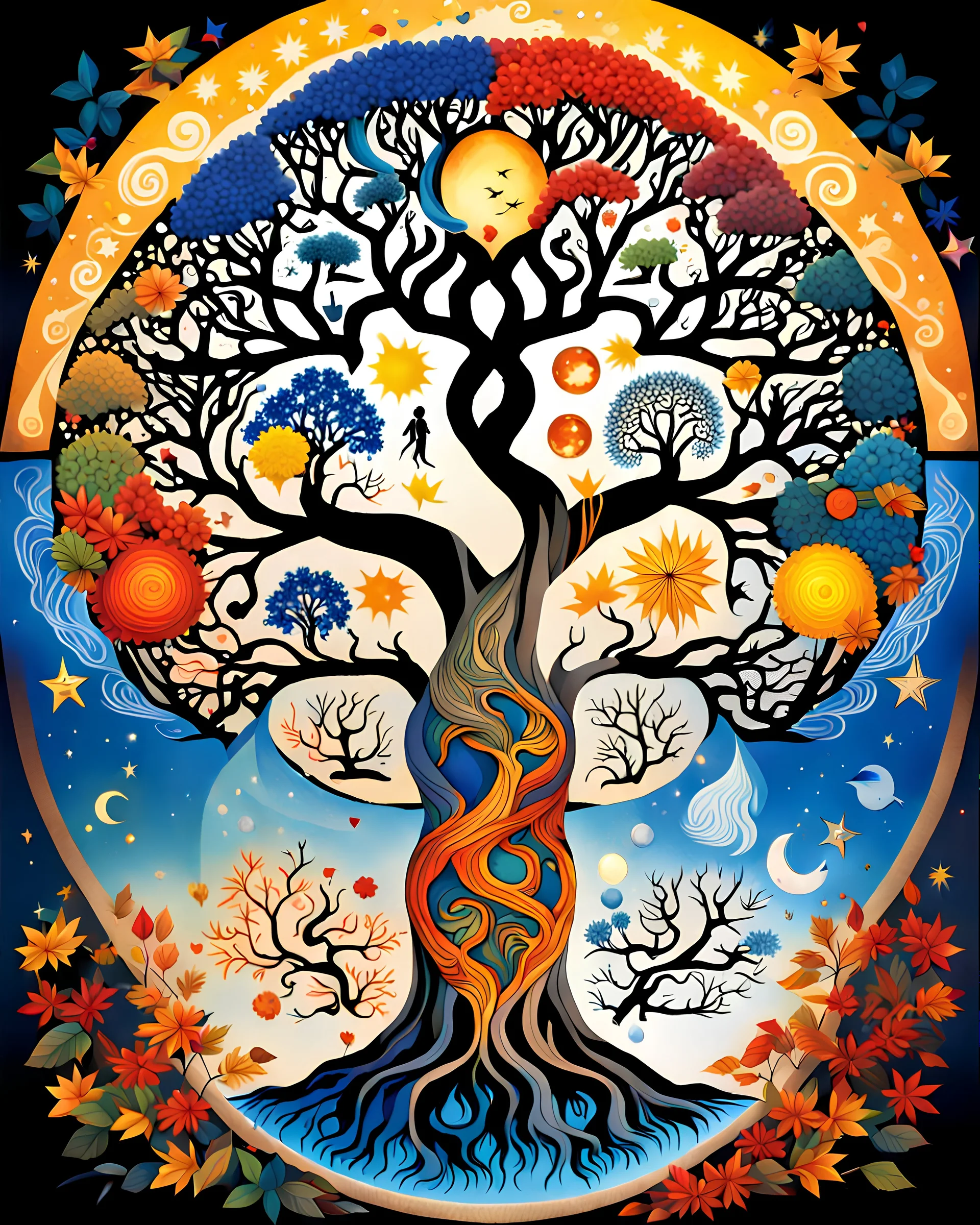 The tree of life consists of four seasons: spring, summer, autumn, winter, along with light and darkness, star, moon, sun, yang-ying, water, wind, soil, fire, love, blue, yellow, red and black.