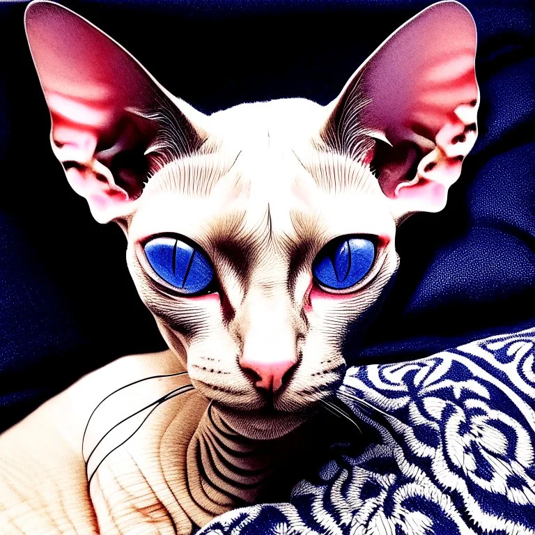 art by Boris Kostygov, intricate detailed Sphynx siamese cat with blue eyes