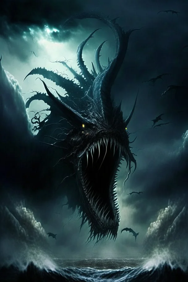 leviathan demon huge long abyssal dark seprent monster beast sky