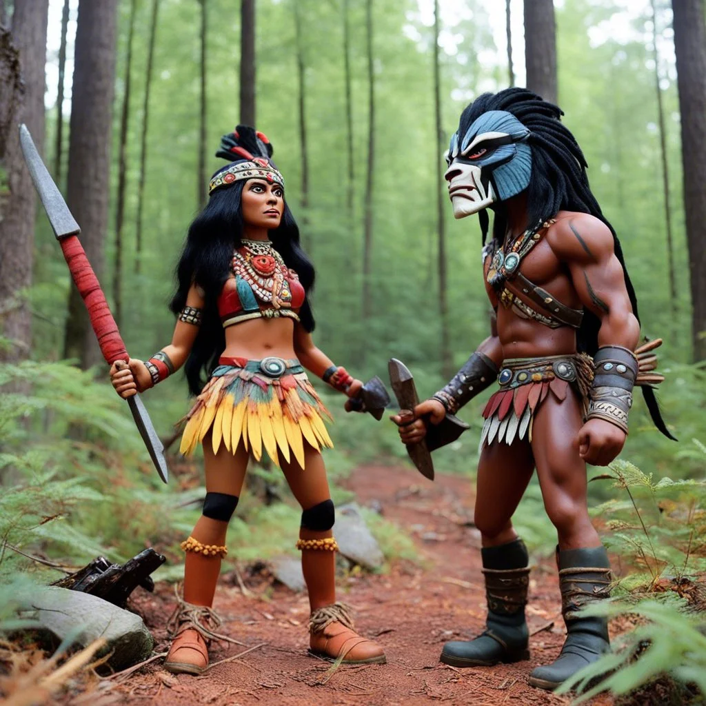 [1960’s stop-motion animation style traveling through the forest of the Midwest, ] a 70s advertisement video TV featuring the predator fighting a young native Indian woman, adorned in her war paint and wielding her stone axe. ; as a claymation character toy from a claymation horror movie in burning rainbow land, from hell, creepy Videos, strange creatures everywhere , as old advertisement shot on video VHS