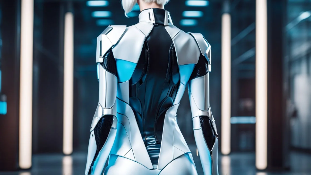 picture from behind the human android female with short white hair, white albino skin , she wearing black-silver-white colors futuristic fashion cloths, full body, she walking in high-tech futuristic office, sci-fi mood, ultra detailed, high contrast, Professional photography