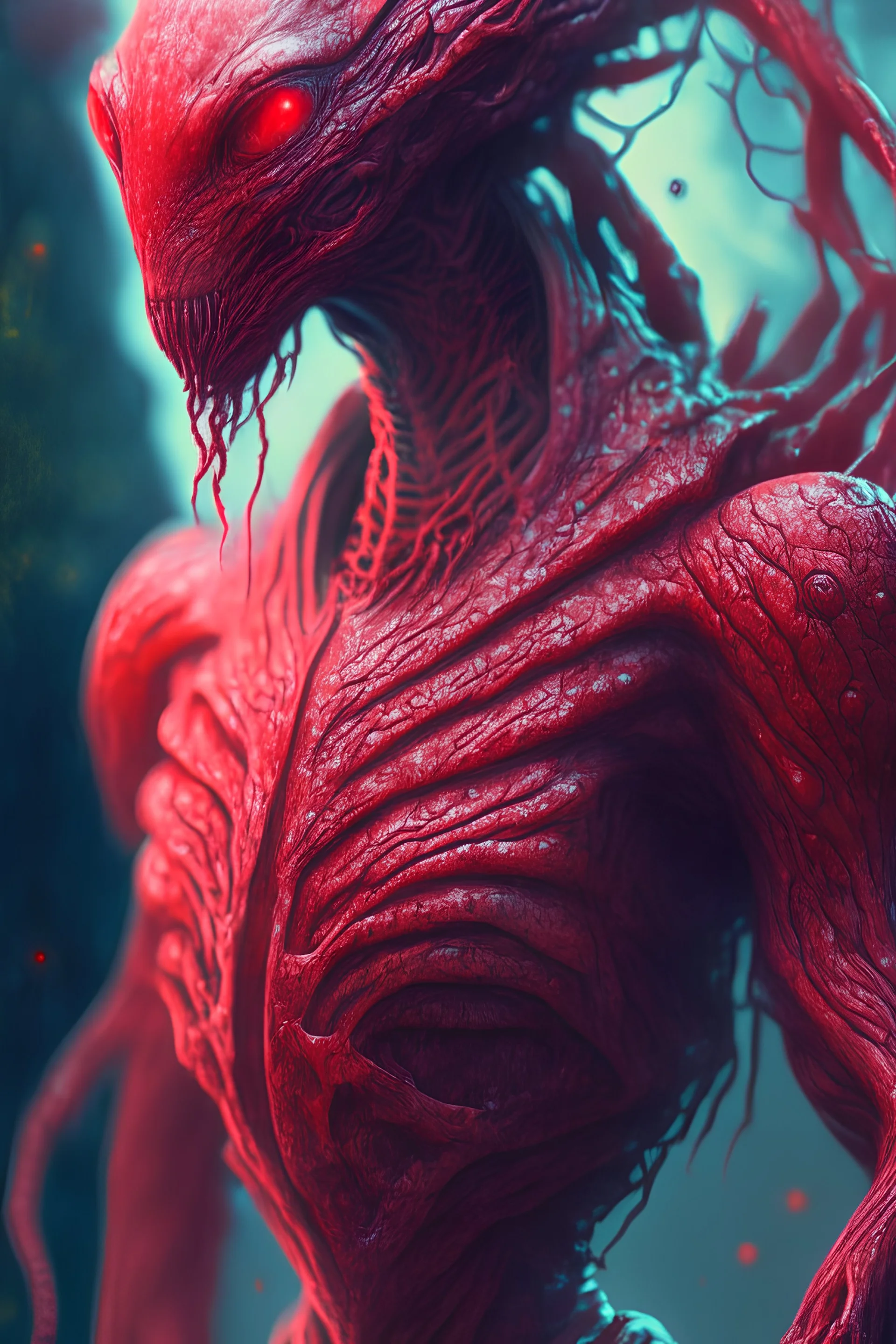 large bipedal alien with red, moist and translucent skin, intricate, Exquisite details and textures, highly detailed, digital painting, artstation, concept art, sharp focus, nature background, illustration, 8k,