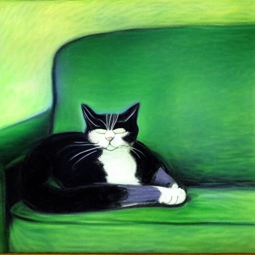 oil portrait of a Cat sleeping in a Green sofa by Monet 8k