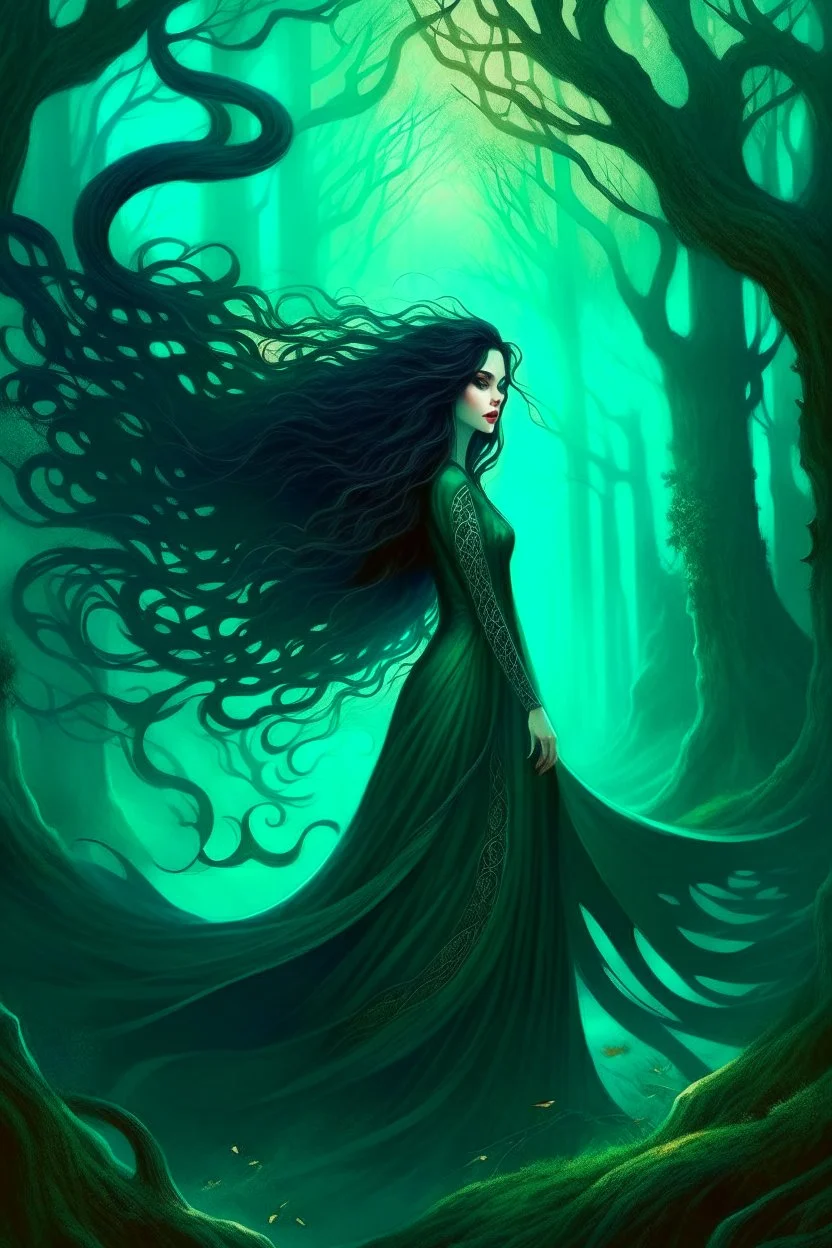 In the heart of a dense and enigmatic forest with towering ancient trees cloaked in emerald foliage stood a bewitching sorceress possessing an ethereal allure her lustrous hair cascading in ebony waves down to her slender waist that turns into roots