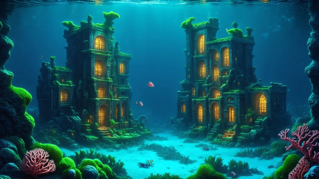 An ancient city under the ocean, whose buildings are covered in coral and luminous algae. The amphibious inhabitants of Atlanthea have developed architecture that glows with bioluminescence, and the city is surrounded by underwater gardens and exotic sea creatures.