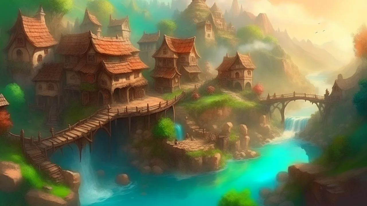 Fantasy art: fantasy village on the river with dam