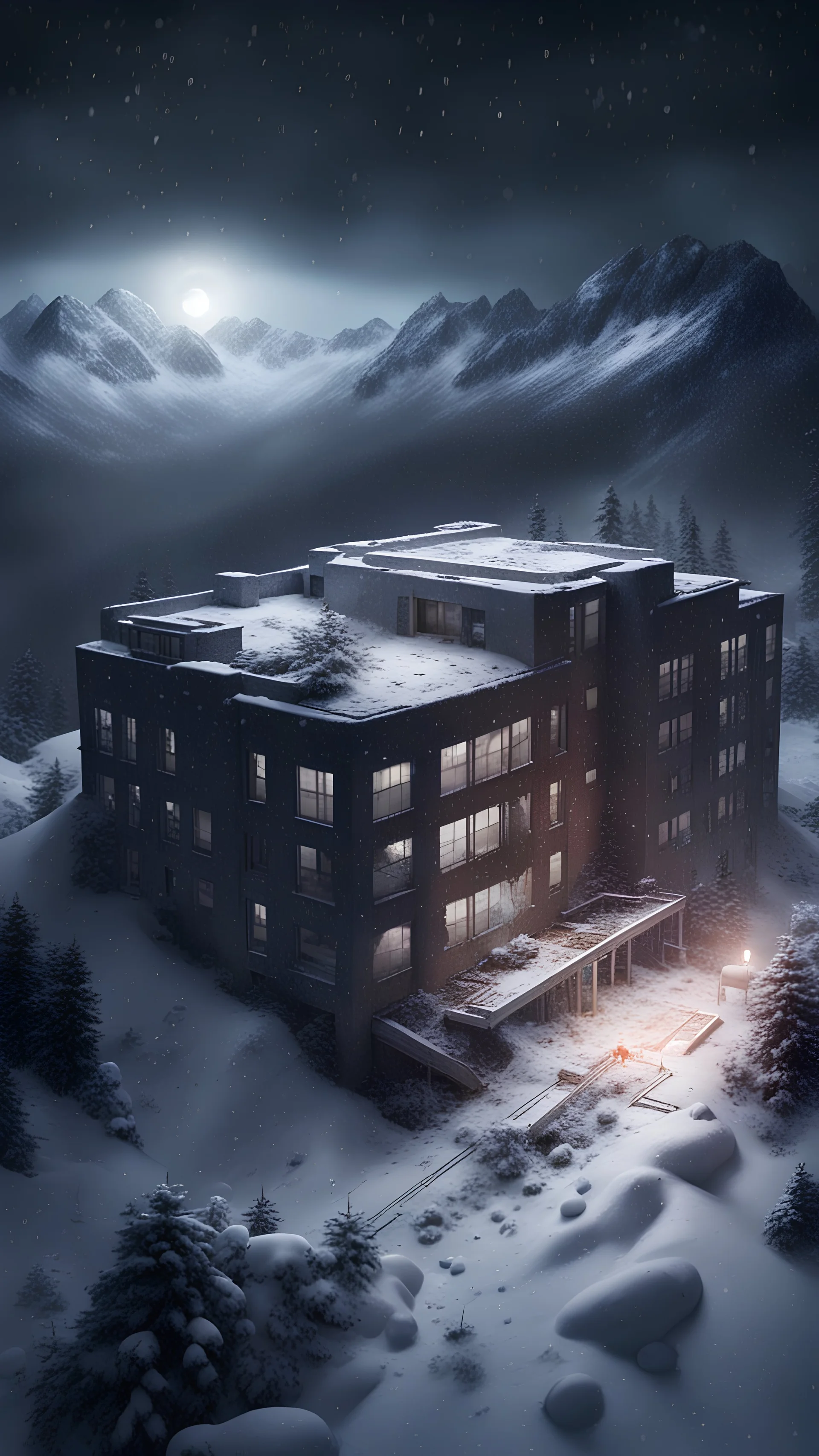 Hyper Realistic areal view of an dark abandoned hospital on the top of a mountain at heavy snowfall night