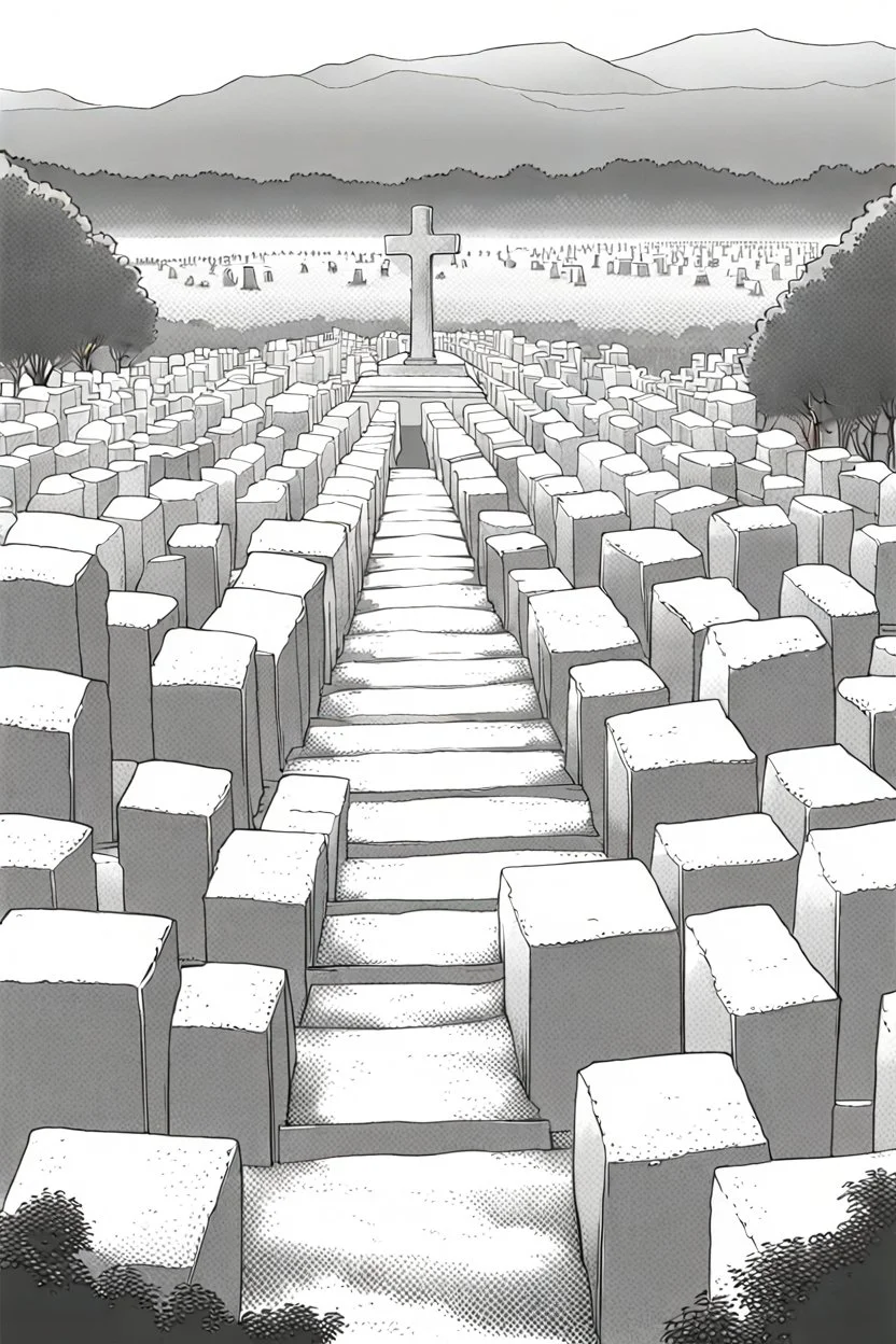 landscape, Japanese open air flat cemetery with thousand gravestones, high detail, manga style, grayscale