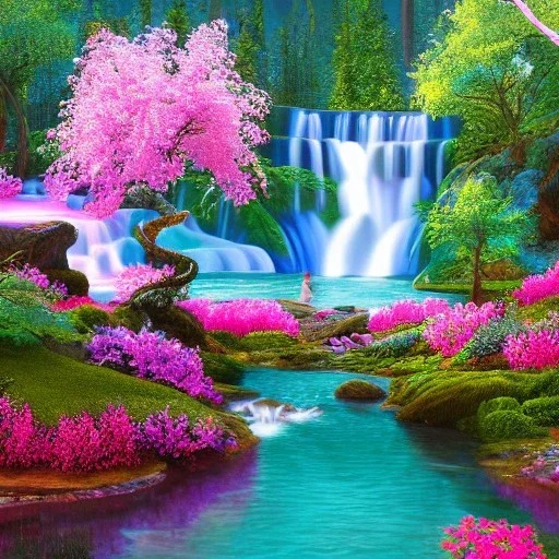 bright enchanted forest, blue lake,delicate flowers, pink tree, Swarosvsky crystals, cascades, full of details, smooth, bright sunshine，soft light atmosphere, light effect，vaporwave colorful, fantasy art, smooth, extremely sharp detail, finely tuned detail, ultra high definition, 8 k, unreal engine 5, ultra sharp focus