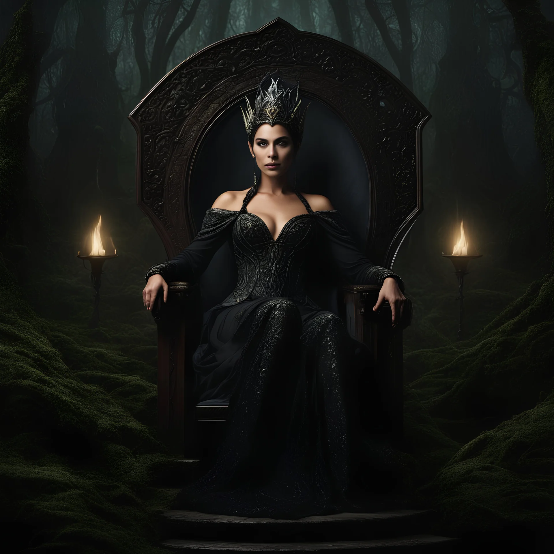 Morena Baccarin as a beautiful sexy dark elf queen seated elegantly on a throne in a mystical forest, dark celtic vignette frame, photo-realistic, cinematic lighting, award-winning photography