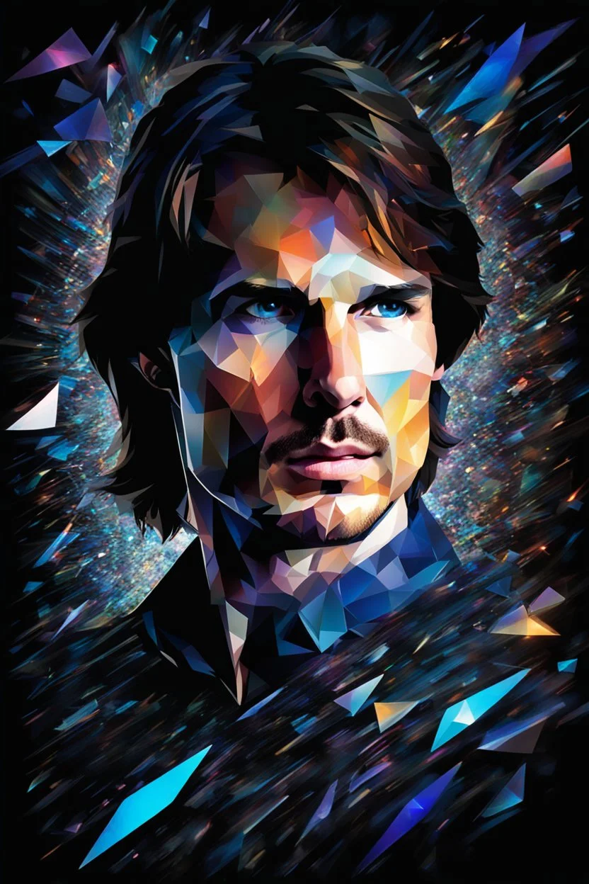 Tom Cruise facial portrait - pitch-black background with a blue glowing overhead spotlight effect, multicolored shards of broken glass, prism effect, mosaic effect, time travel, space voyages, superheroes, moving really fast