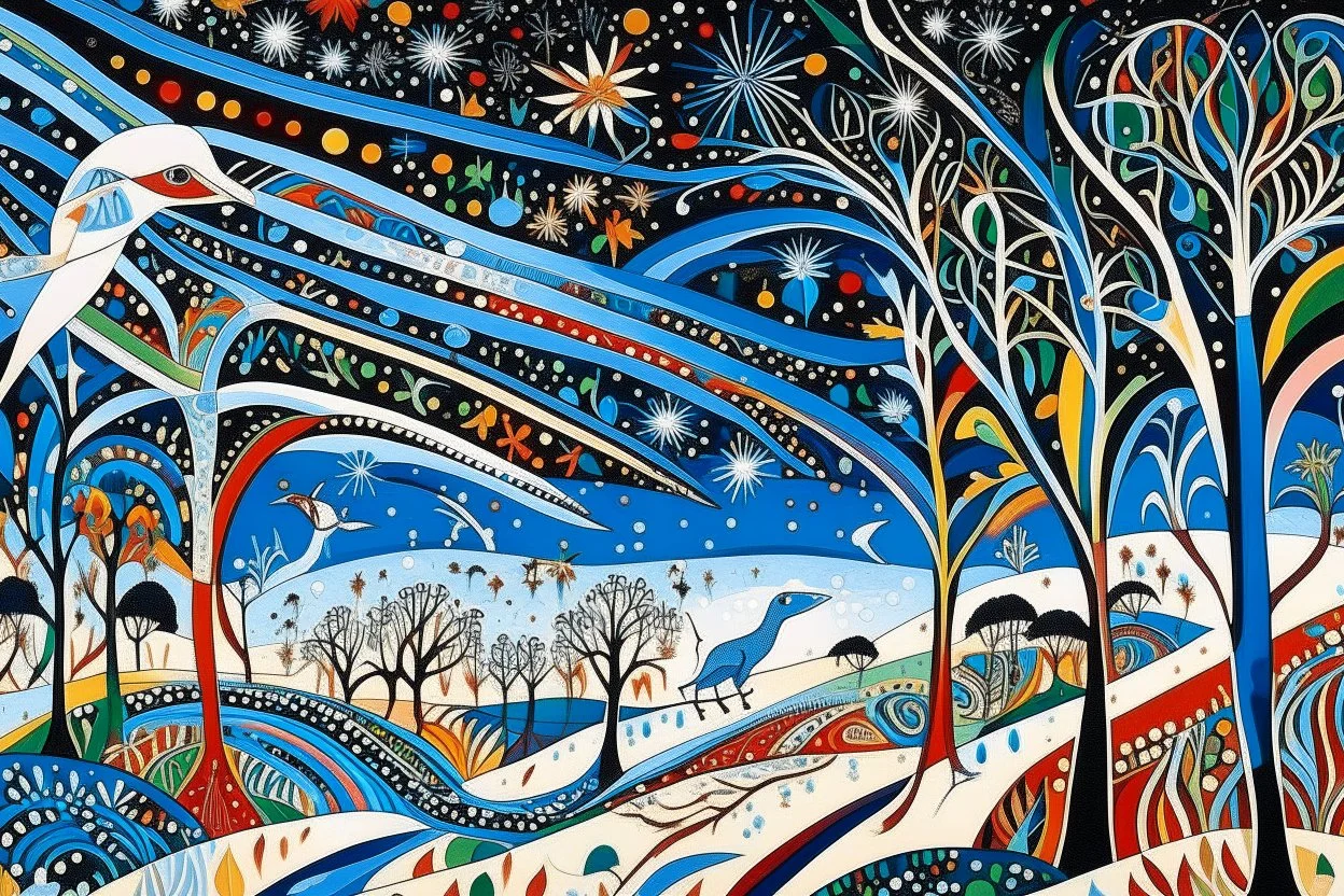 A white dream realm with shooting stars designed in Australian aboriginal art painted by Pablo Picasso