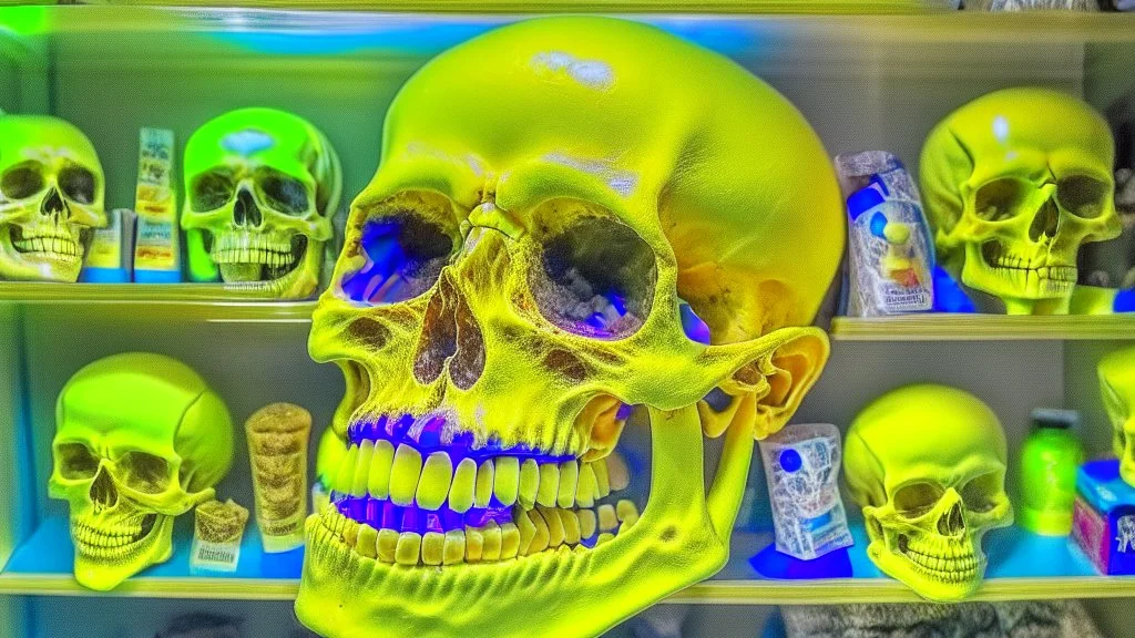 a picture of a dark, comedic, anatomically correct skull of a smiley face, photo realistic, highly detailed, yellow, old, part of a collection of bones on display on a scientists shelving