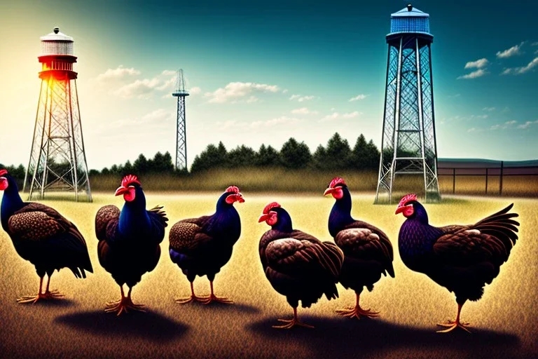 Five hens in front of a lighttower