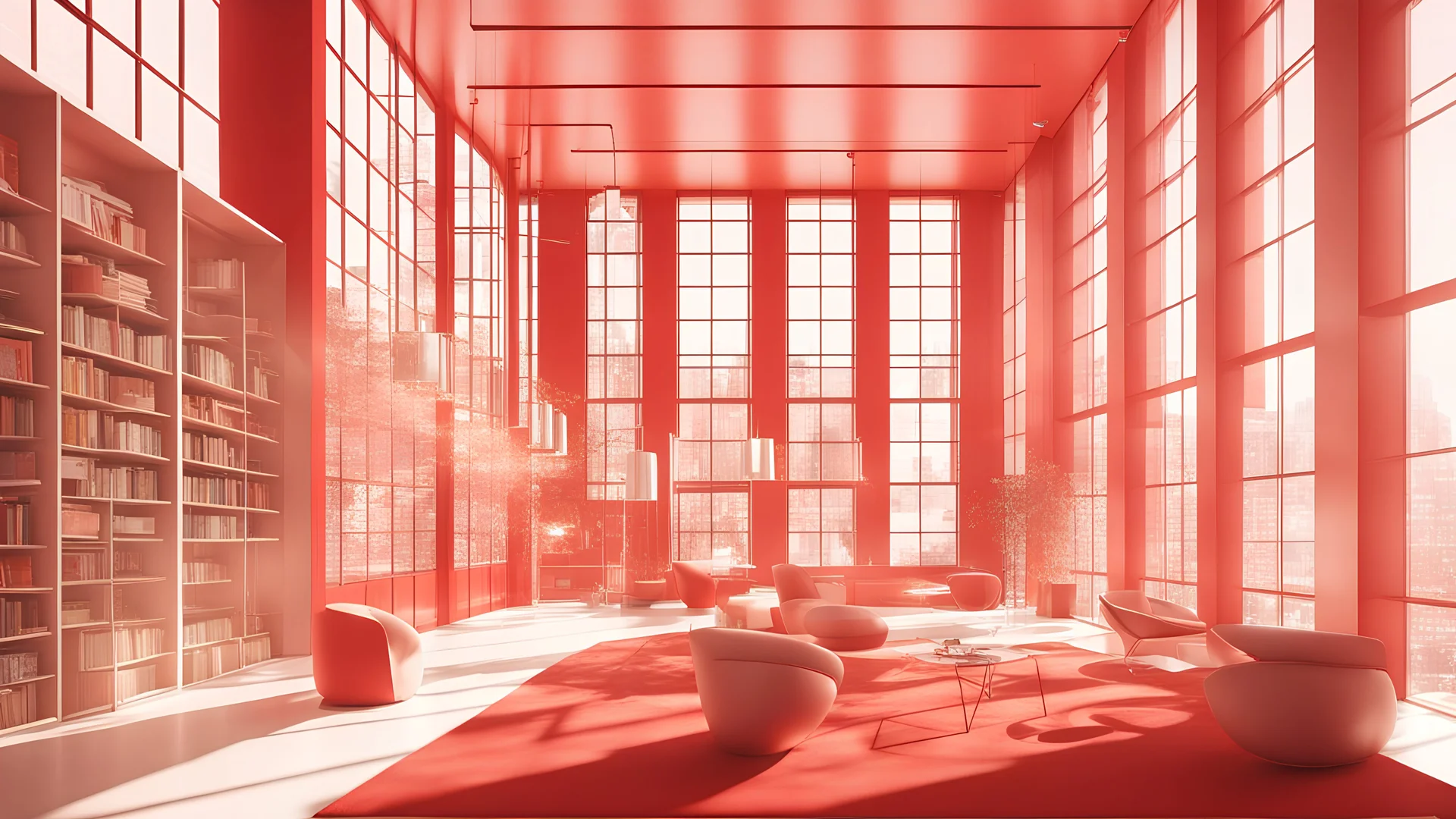 Modern red library interior with sunlight. Decor and desing concept. 3D Rendering